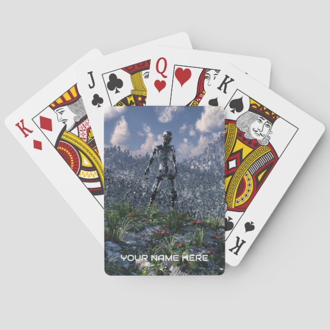 Futuristic landscape with robots poker cards (Back)