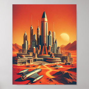 Futuristic Martian City Poster Mid-Century Style