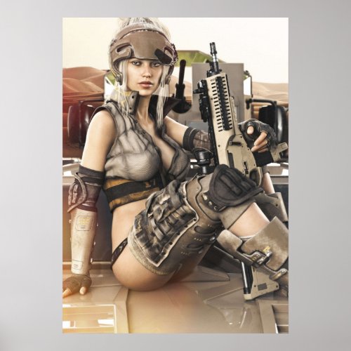 Futuristic Military themed female posing on top of Poster