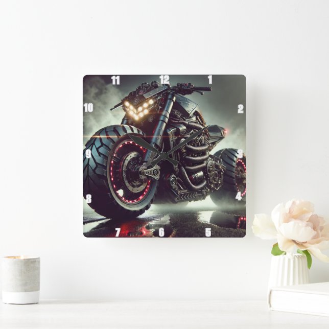 Futuristic Motorcycle With LED Lights Displaying Square Wall Clock (Home)