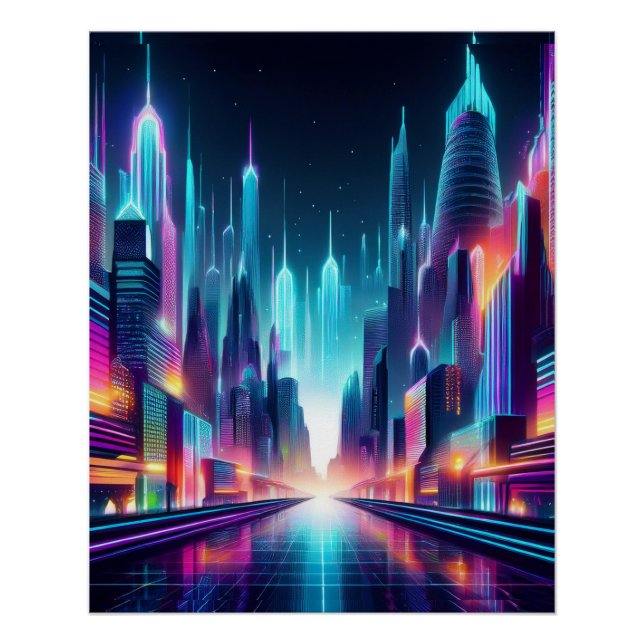 Futuristic Neon Cityscape – Bold Cyberpunk Design Poster (Front)