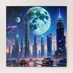 Futuristic Neon Cityscape with Flying Cars and Sky Jigsaw Puzzle