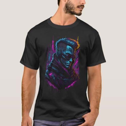 Futuristic Neon Cyber Man with Glasses T_Shirt