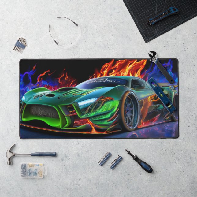 Futuristic Neon Green Supercar Fire Desk Mat (Workstation)