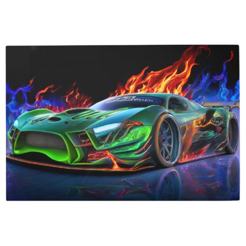Futuristic Neon Green Supercar Fire Metal Print