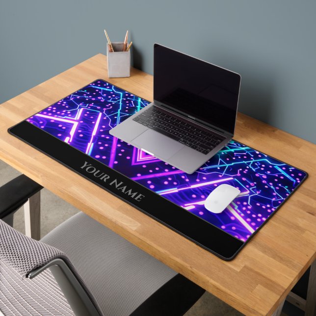 Futuristic neon lights computer circuit board glow desk mat (Office 2)