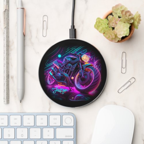 Futuristic neon motorcycle bike with your NAME Wireless Charger