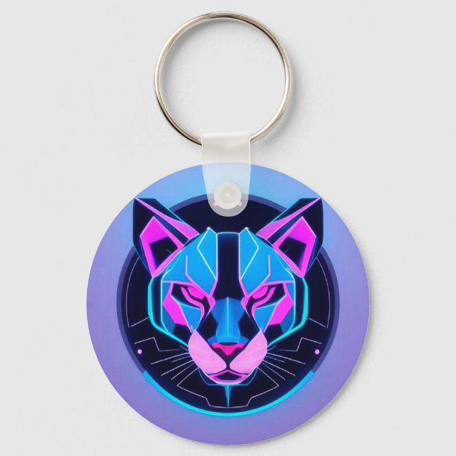 Futuristic Neon panther Face in Geometric Art Keychain (Front)