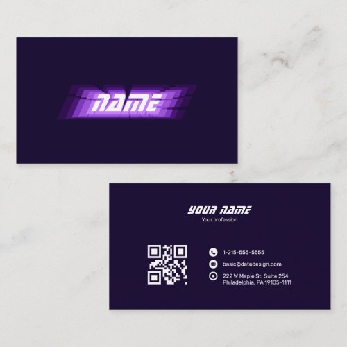 Futuristic Neon Purple Glitch QR Code IT Consultan Business Card