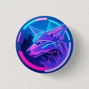 Futuristic Neon Wolf Face in Geometric Art Button