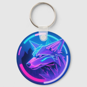 Futuristic Neon Wolf Face in Geometric Art Keychain