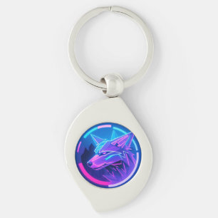Futuristic Neon Wolf Face in Geometric Art Keychain