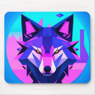 Futuristic Neon Wolf Face in Geometric Art Mouse Pad