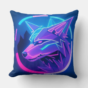 Futuristic Neon Wolf Face in Geometric Art Throw Pillow