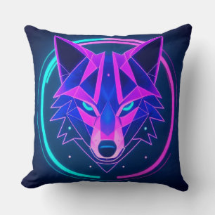 Futuristic Neon Wolf Face in Geometric Art Throw Pillow