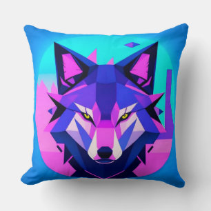 Futuristic Neon Wolf Face in Geometric Art Throw Pillow