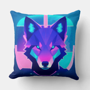 Futuristic Neon Wolf Face in Geometric Art Throw Pillow