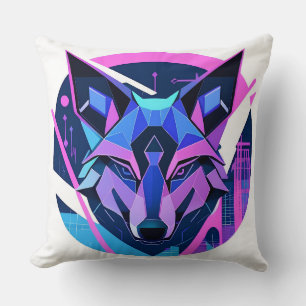 Futuristic Neon Wolf Face in Geometric Art Throw Pillow