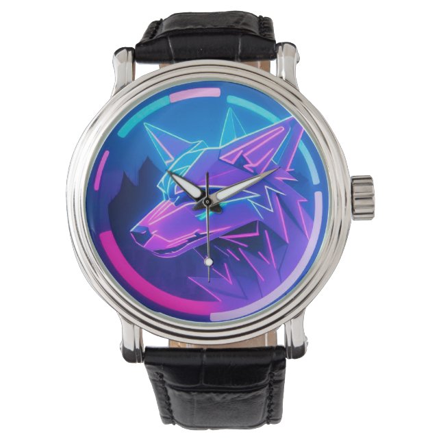 Futuristic Neon Wolf Face in Geometric Art Watch (Front)
