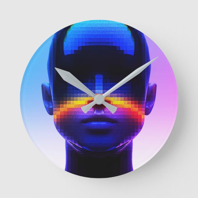 Futuristic Pixel Art Portrait – Digital Abstract Round Clock (Front)