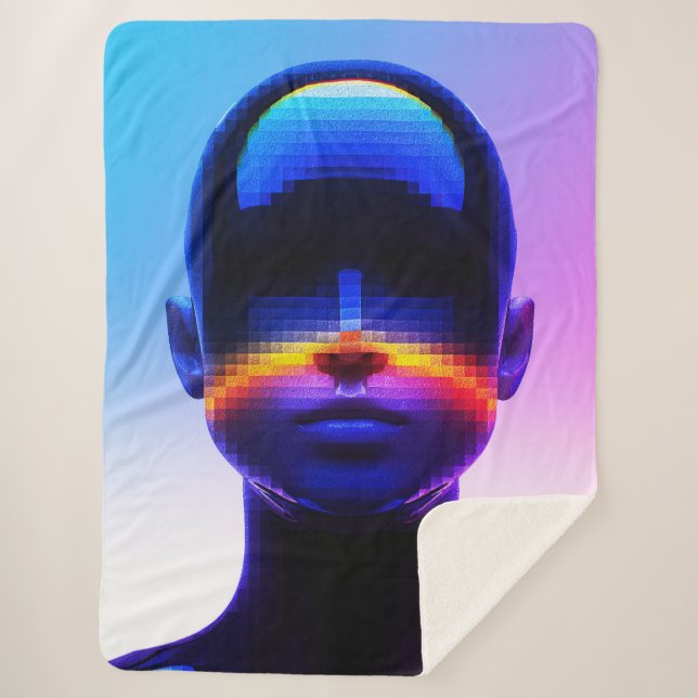 Futuristic Pixel Art Portrait – Digital Abstract Sherpa Blanket (Front)