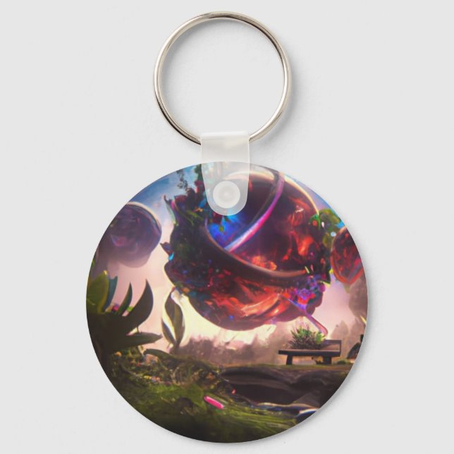 Futuristic Planet and Garden Art Keychain (Front)