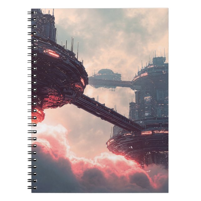Futuristic platforms in the clouds at twilight notebook (Front)