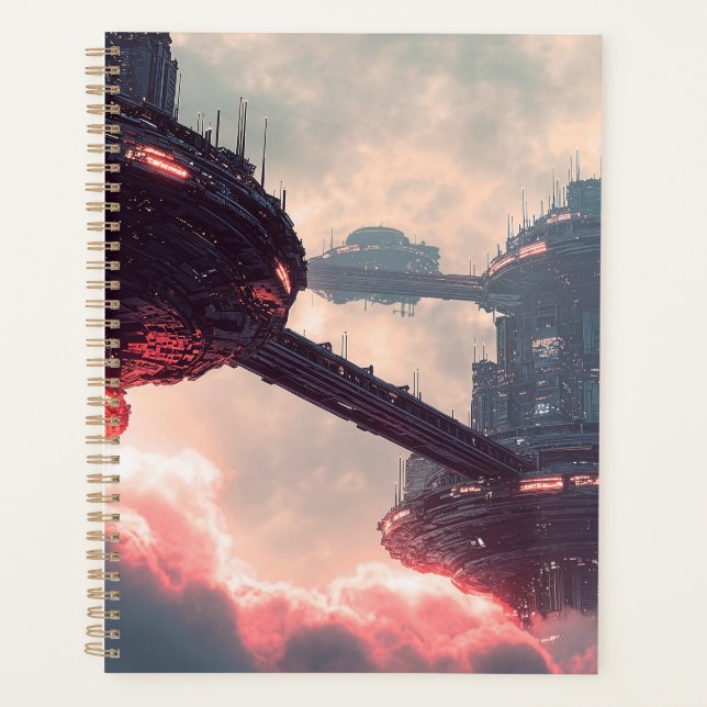 Futuristic platforms in the clouds at twilight planner (Front)