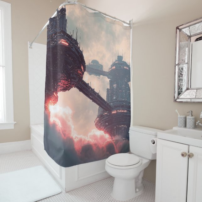 Futuristic platforms in the clouds at twilight shower curtain (In Situ)