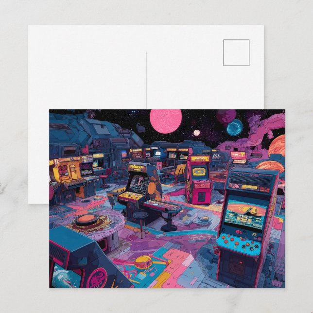 Futuristic Retro Arcade in Outer Space Postcard (Front/Back)