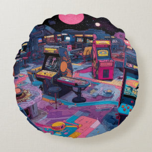 Futuristic Retro Arcade in Outer Space Round Pillow