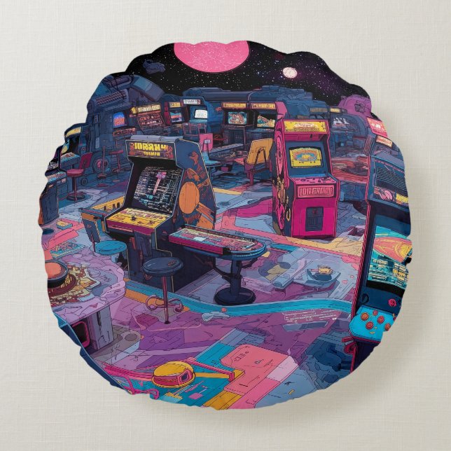 Futuristic Retro Arcade in Outer Space Round Pillow (Front)