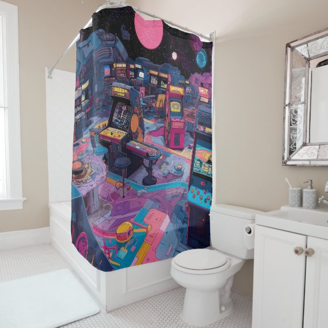 Futuristic Retro Arcade in Outer Space Shower Curtain (In Situ)