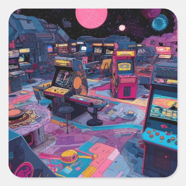 Futuristic Retro Arcade in Outer Space Square Sticker (Front)