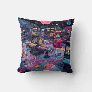 Futuristic Retro Arcade in Outer Space Throw Pillow