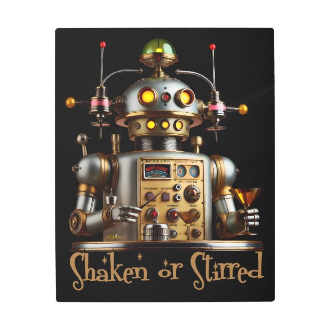 Futuristic Robot Bartender "Shaken or Stirred" Metal Print (Front)