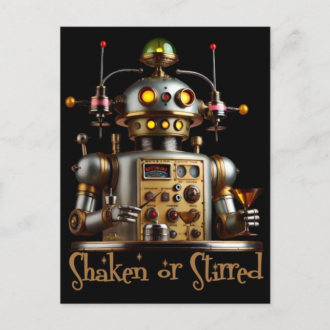 Futuristic Robot Bartender "Shaken or Stirred" Postcard (Front)