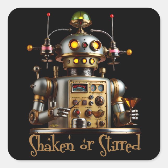 Futuristic Robot Bartender "Shaken or Stirred" Square Sticker (Front)