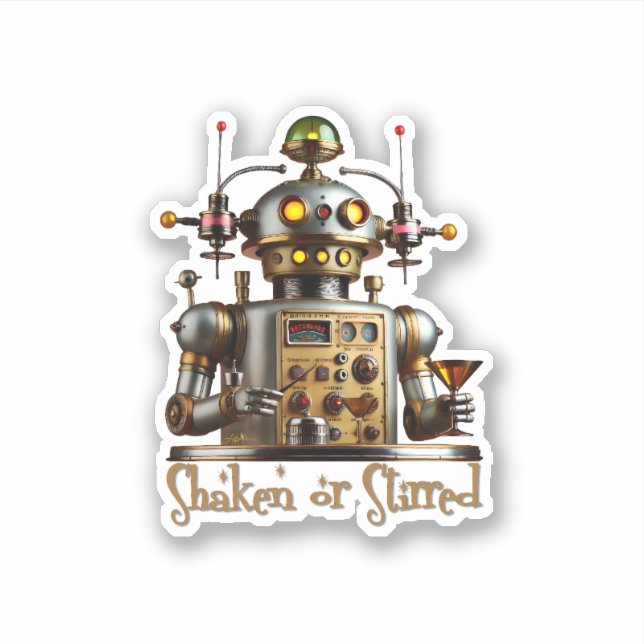 Futuristic Robot Bartender "Shaken or Stirred" Sticker (Front)