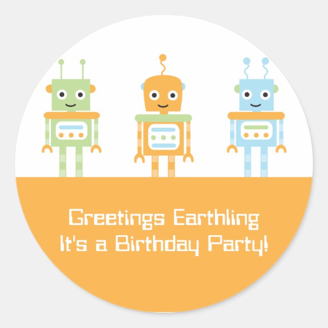 Futuristic robot boy's birthday party stickers (Front)