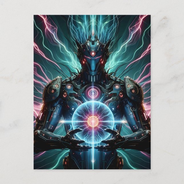 Futuristic Robot Cosmic Core Cyberpunk Announcement Postcard (Front)