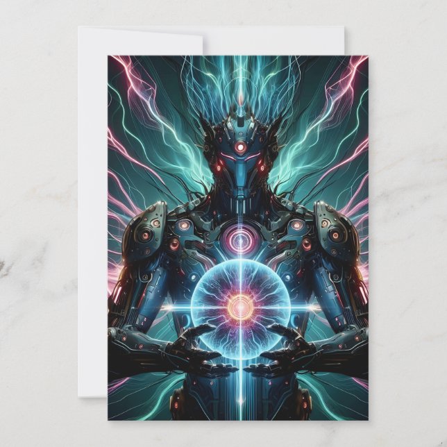 Futuristic Robot Cosmic Core Cyberpunk Holiday Card (Front)