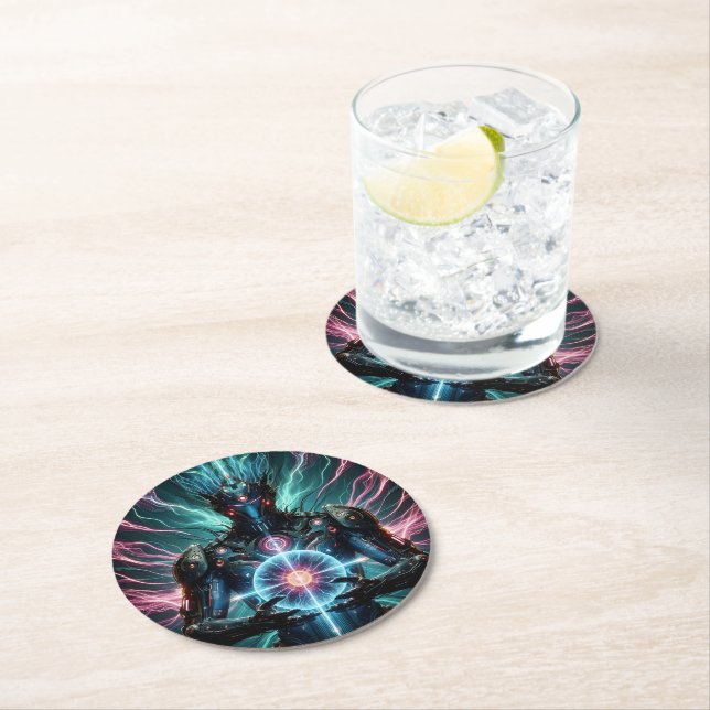 Futuristic Robot Cosmic Core Cyberpunk Round Paper Coaster (Insitu)