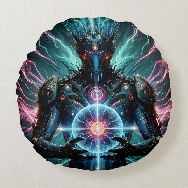 Futuristic Robot Cosmic Core Cyberpunk Round Pillow (Front)