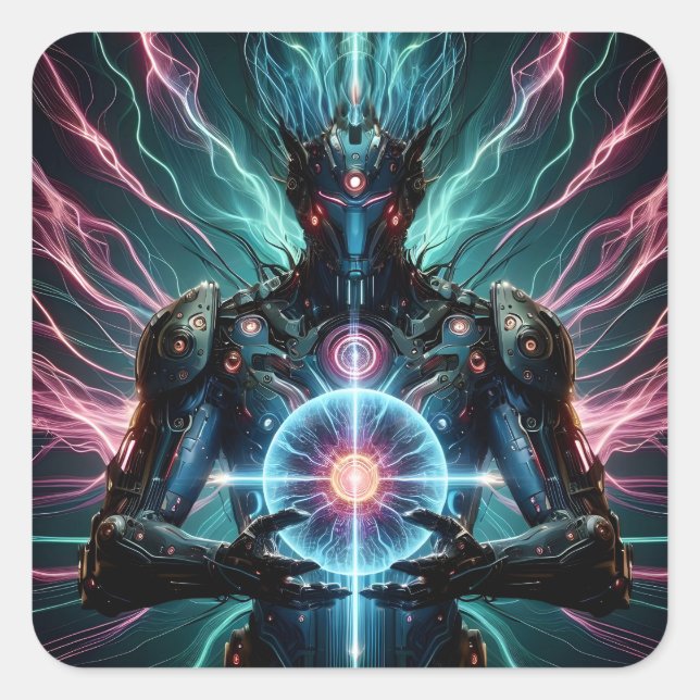 Futuristic Robot Cosmic Core Cyberpunk Square Sticker (Front)