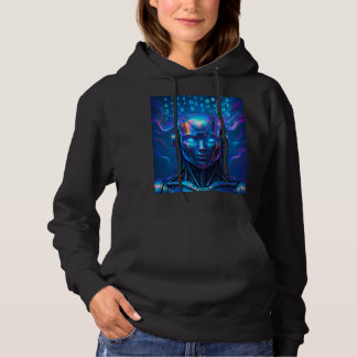 futuristic robot, cyberpunk AI, glowing blue eyes, Hoodie