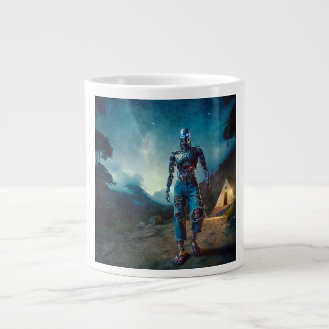 Futuristic Robot in Ancient Landscape Giant Coffee Mug (Front)