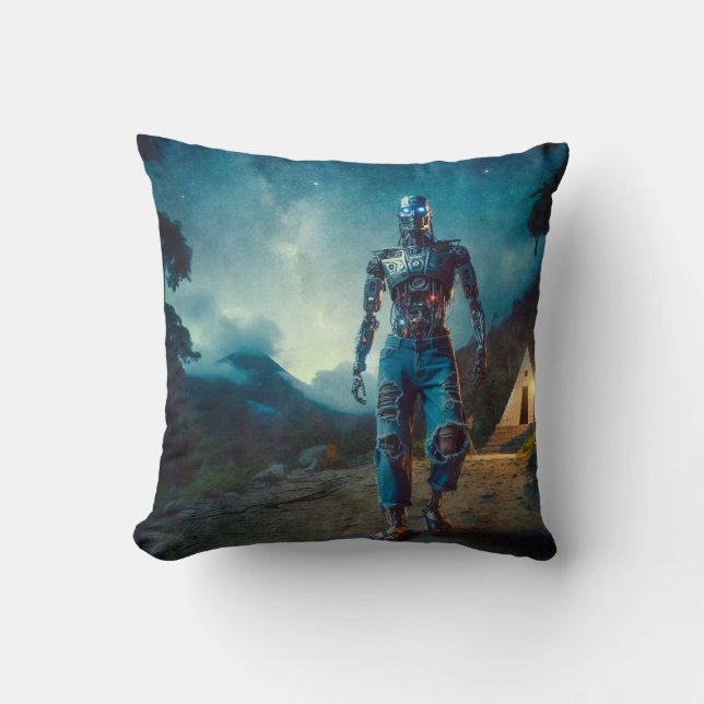 Futuristic Robot in Ancient Landscape Throw Pillow (Front)