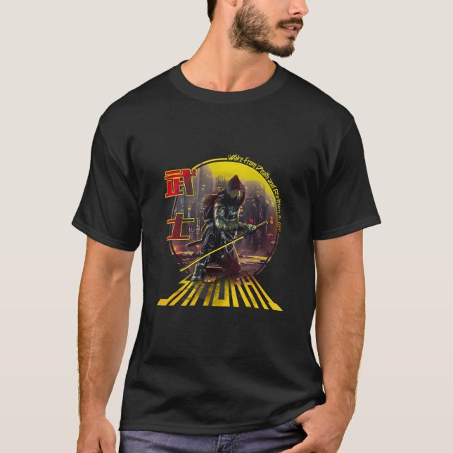 Futuristic Samurai Warrior in Japanese Cyberpunk s T-Shirt (Front)