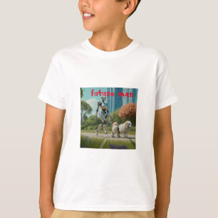 futuristic scene of a robot walking a dog. with li T-Shirt